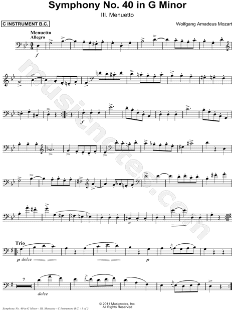 Collection: Symphony No. 40 in G Minor, KV. 550: III. Menuetto - Bass Clef Instrument & Piano
