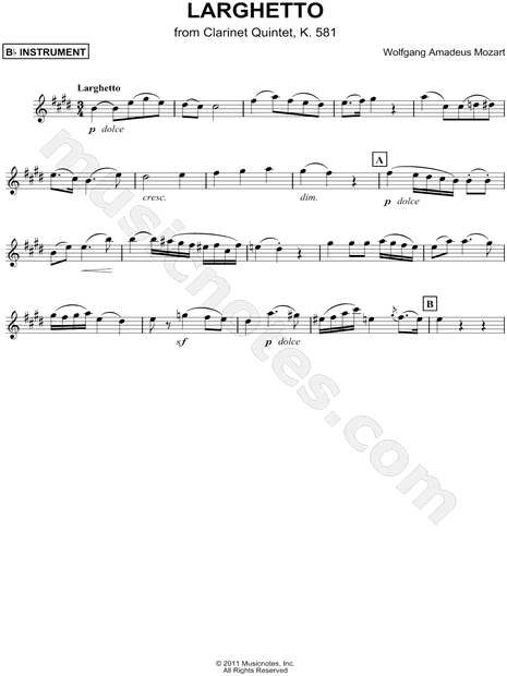 Collection: Larghetto from Clarinet Quintet, K. 581 - Bb Instrument & Piano