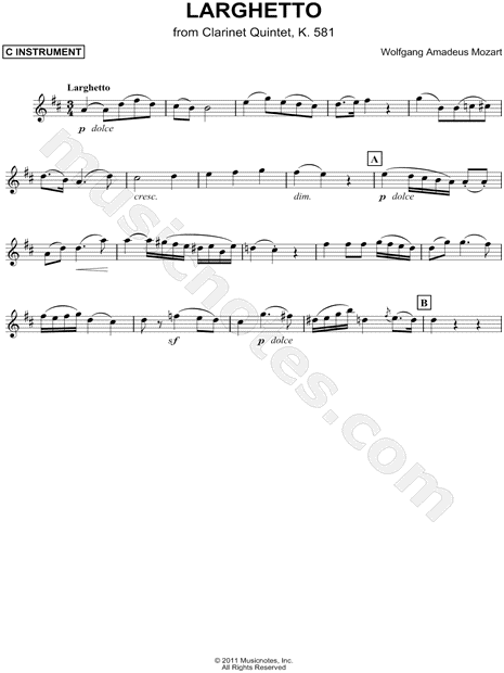 Collection: Larghetto from Clarinet Quintet, K. 581 - C Instrument & Piano