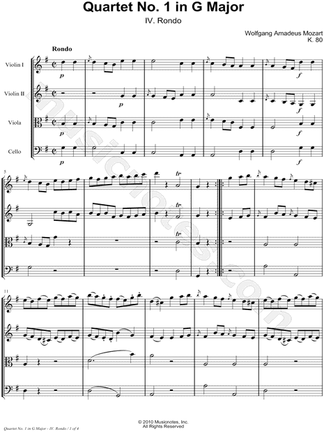 Quartet No. 1 In G Major, K. 80: IV. Rondo - String Quartet Score