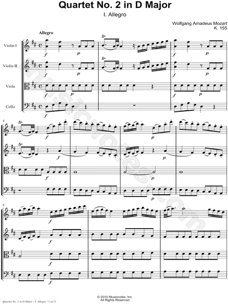 Quartet No. 2 In D Major, K155: I. Allegro - Score (String Quartet)