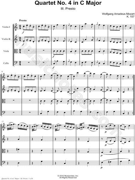 Quartet No. 4 In C Major, K. 157: III. Presto - Score (String Quartet)