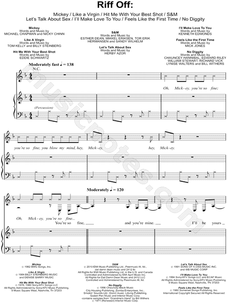 Riff Off: Mickey / Like a Virgin / Hit Me With Your Best Shot / S&M / Let's Talk About Sex / I'll Make Love To You / Feels Like the First Time / No Diggity