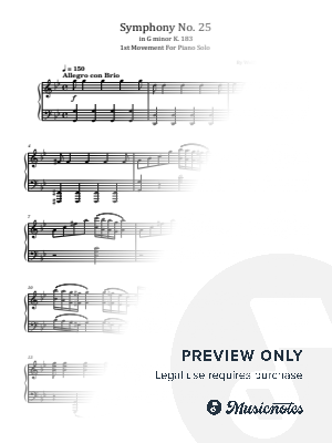 Mozart, Symphony No. 25 in G Minor, K. 183 1st Mov, for Piano Solo by hotson - Sheet Music