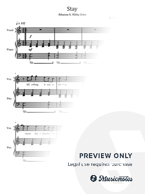 Stay, Rihanna ft. Mikky Echo, for Piano & Vocals With Lyrics Chords