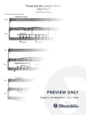 Tchaikovsky, Op.6 No.6 None but the Lonely Heart, for Violin and Piano Original by hotson - Sheet Music