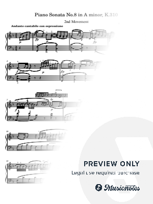 Mozart, Piano Sonata No.8 In A Minor, K.310 2nd Mov, for Piano Solo With Fingering Original