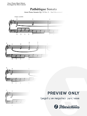 Piano Sonata No. 8 Op. 13 "Pathetique" 2nd Movement (Easy Piano Sheet Music) by Rita Ciancio - Sheet Music