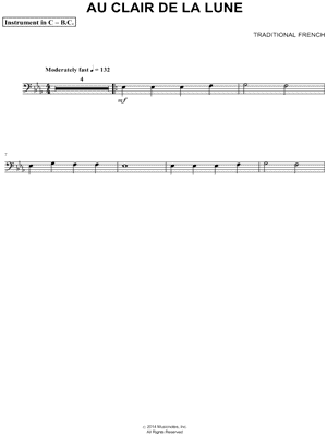 Au Clair de la Lune - Bass Clef Instrument