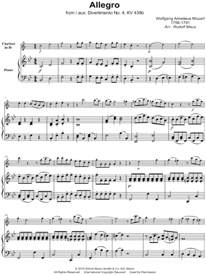Divertimento No. 4, KV 439b: I. Allegro - Clarinet & Piano