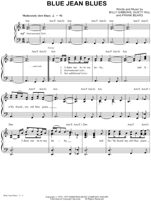 Blue Jean Blues by ZZ Top - Sheet Music