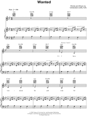 Wanted by Vanessa Carlton - Sheet Music