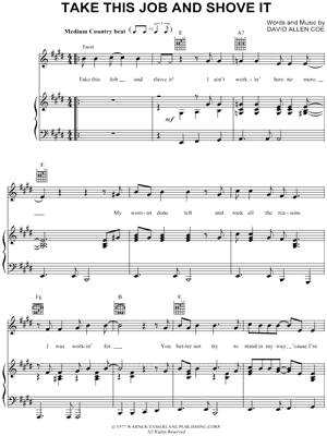 Take This Job and Shove It by Johnny Paycheck - Sheet Music