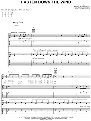 Hasten Down the Wind by Warren Zevon - Sheet Music