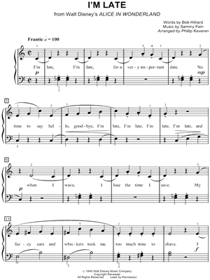 I'm Late from Alice In Wonderland - Sheet Music