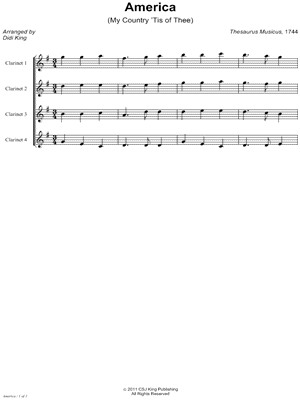 America (My Country 'Tis of Thee) - Clarinet Quartet Score