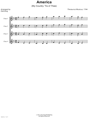 America (My Country 'Tis of Thee) - Flute Quartet Score