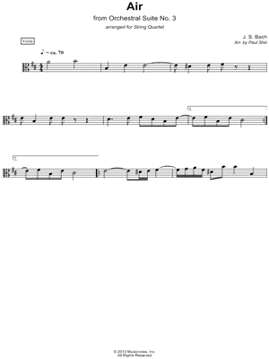 Air from Orchestral Suite No. 3 - Viola Part (String Quartet)