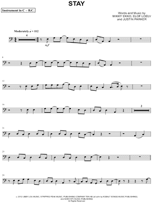 Stay - Bass Clef Instrument by Rihanna feat. Mikky Ekko - Sheet Music
