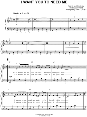 I Want You To Need Me by Celine Dion - Sheet Music