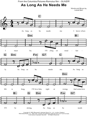 As Long As He Needs Me from Oliver! - Sheet Music