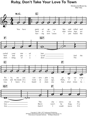 Ruby, Don't Take Your Love To Town by Kenny Rogers And The First Edition - Sheet Music