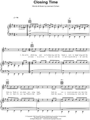 Closing Time by Leonard Cohen - Sheet Music