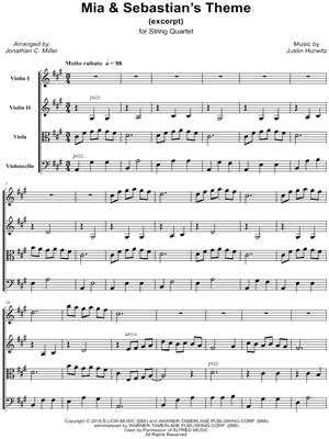 Mia & Sebastian's Theme [Excerpt] - String Quartet from La La Land - Sheet Music