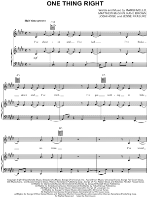 One Thing Right by Marshmello & Kane Brown - Sheet Music
