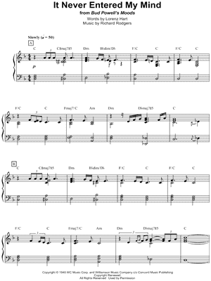 It Never Entered My Mind by Bud Powell - Sheet Music