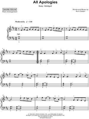 All Apologies [easy - abridged] by Jennifer Eklund - Sheet Music